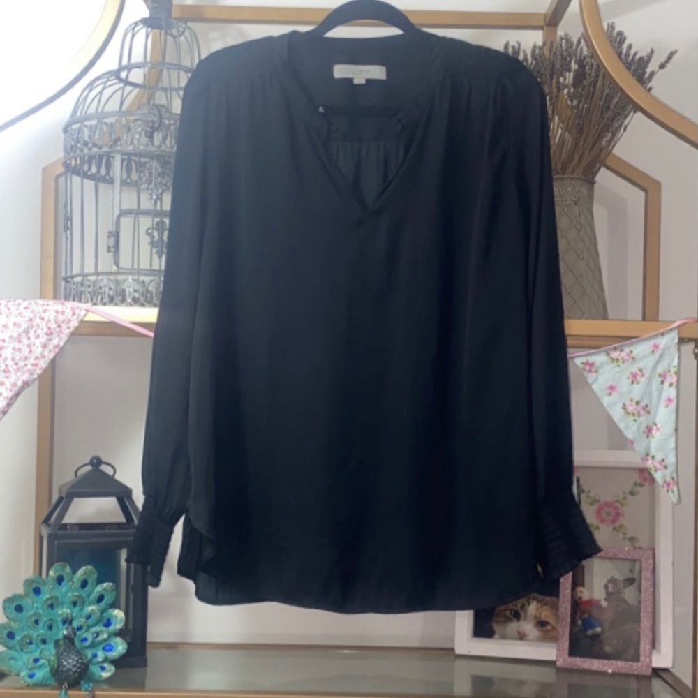 Black Blouse LOFT Smocked Neck/Gathered Wrists Office Modest Elegant Classy Date